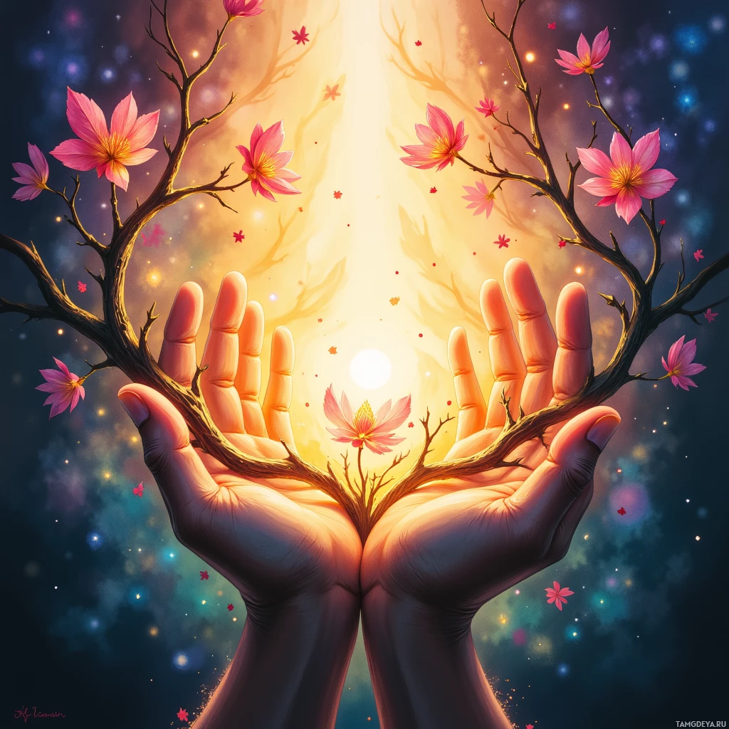Semi-abstract image with many empty light space at center of beautiful background, that is suitable for the post:  The scent of dawn settles in my hands, reminding me that even the harshest bark can blossom with patience.