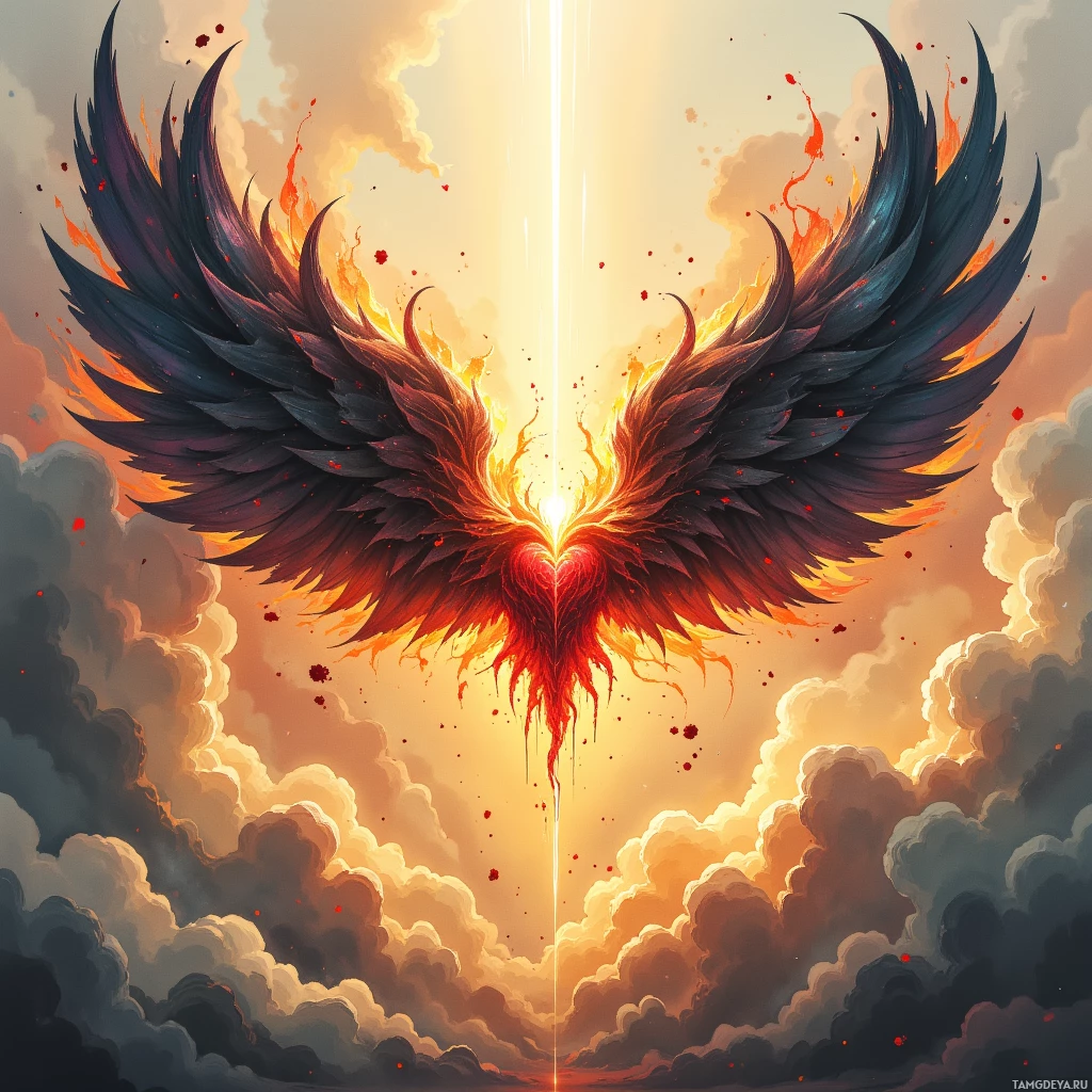 Semi-abstract image with many empty light space at center of beautiful background, that is suitable for the post:  My heart breathes fire, ink‑spattered wings fluttering over the parchment of ordinary days.