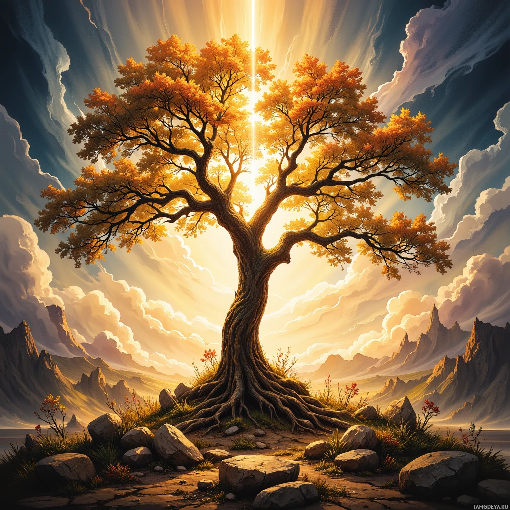 Semi-abstract image with many empty light space at center of beautiful background, that is suitable for the post:  A lone oak's bark cracks like parchment, recording the silent oath I carved into the marrow of stone.