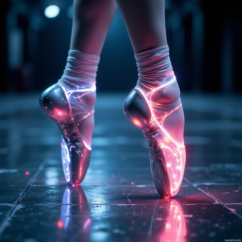 Semi-abstract image with many light, that is suitable for the post:  A pair of digital pointe shoes with sleek satin surfaces, embedded pressure sensors that glow and shift colors with each weight shift, featuring translucent, reflective panels, subtle silver accents, and a futuristic, elegant ballet silhouette.