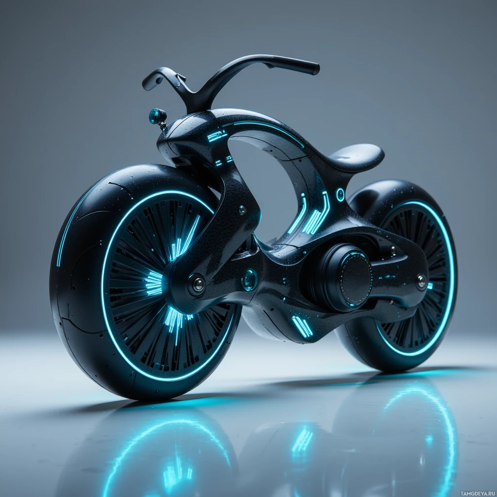 Semi-abstract image with many light, that is suitable for the post:  ultralight modular skybike made of matte black carbon‑fiber with glowing neon striping, integrated tiny wind turbine and propeller mounted on the frame, sleek aerodynamic silhouette, translucent carbon ribs and subtle reflective accents.