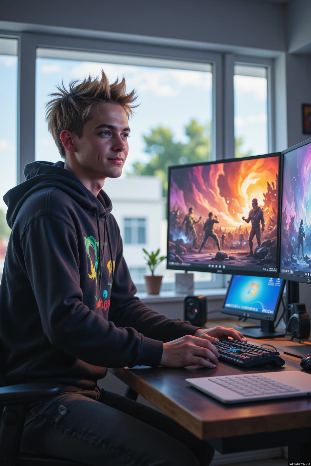 Realistic high quality photo. male, 22, spiky blonde hair, bright blue eyes, wearing a loose gamer hoodie and casual pants, standing in a modern home office with a gaming monitor showing a chaotic virtual siege, pivoting on a controller while laughing with teammates on a video call, afternoon light streaming through a window, a glitch effect visible on the screen, embodying playful resilience.