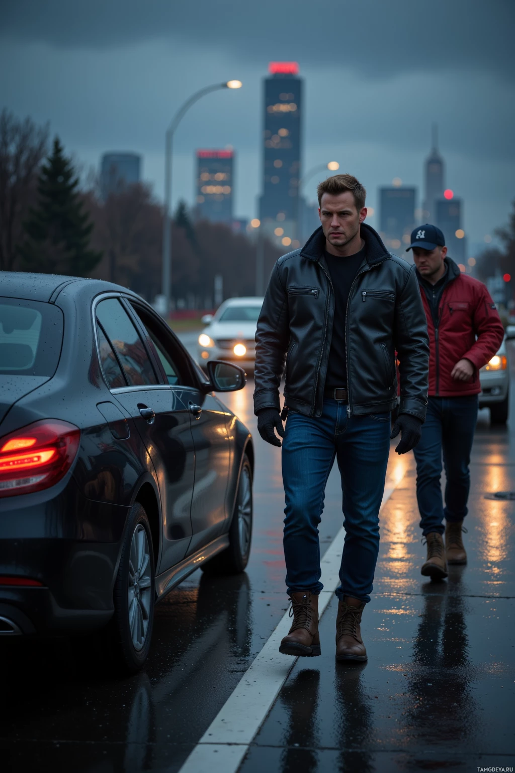 Realistic high quality photo. A muscular 35‑year‑old man with short light brown hair, bright blue eyes, wearing a fitted black leather jacket, dark jeans, and rugged boots, driving a black sedan on an urban highway at dusk, pulling over to help two crew members on the shoulder as the night sky illuminates city buildings in the background.