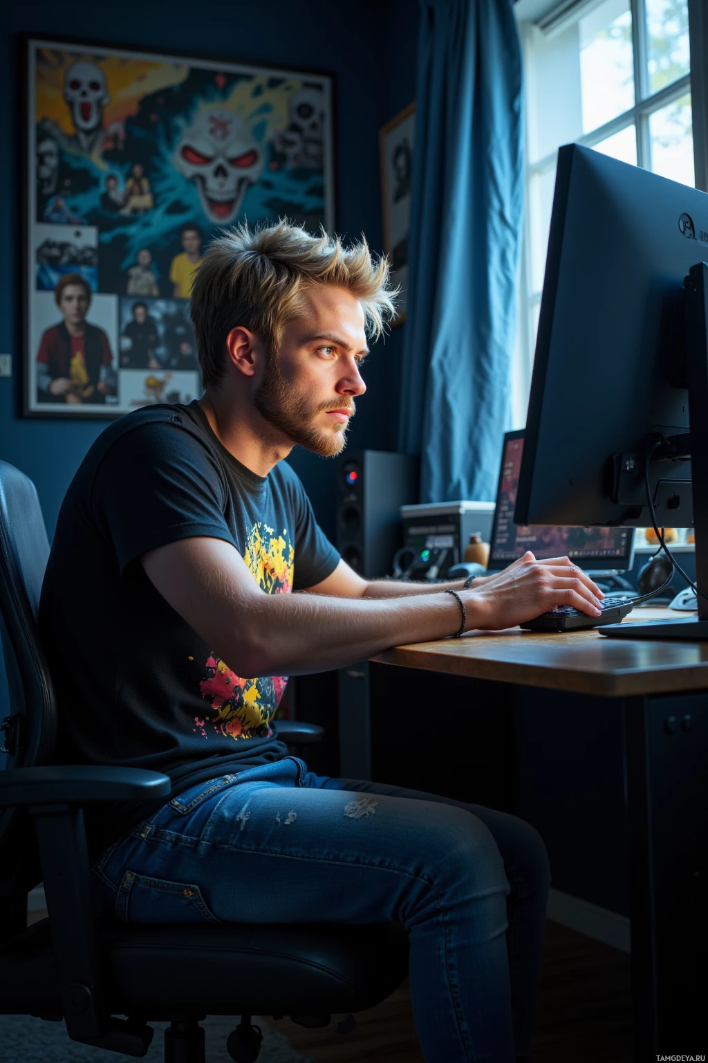 Realistic high quality photo. A 25‑year‑old man with messy blonde hair, bright blue eyes, rugged fair skin, wearing worn jeans and a dark t‑shirt with horror motifs, sits in a dimly lit bedroom with a glowing computer monitor, staring intently at the screen after a video game raid, surrounded by gaming equipment and scattered loot boxes.