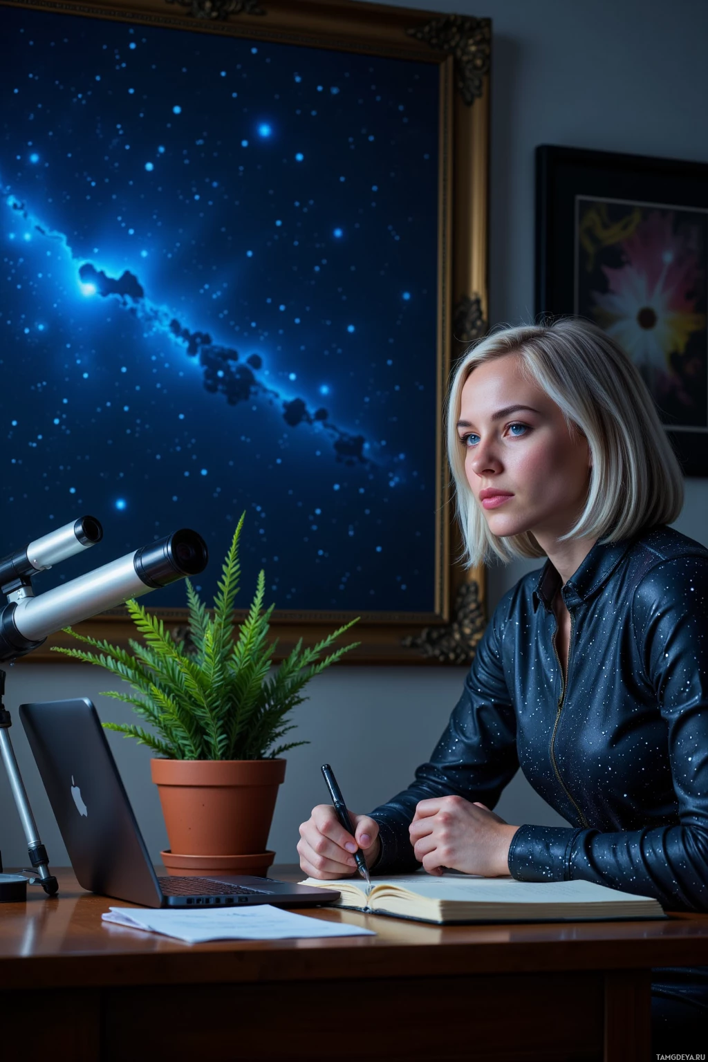 Realistic high quality photo. late night home office with a dim glow from a laptop livestream screen, a woman with short silver hair, blue eyes, wearing a sleek galaxy-patterned jumpsuit, pointing the Orion constellation at a potted cactus while a fern near her desk appears to receive a signal, she scribbles notes in a journal and a telescope rests beside a desk plant under realistic indoor lighting.