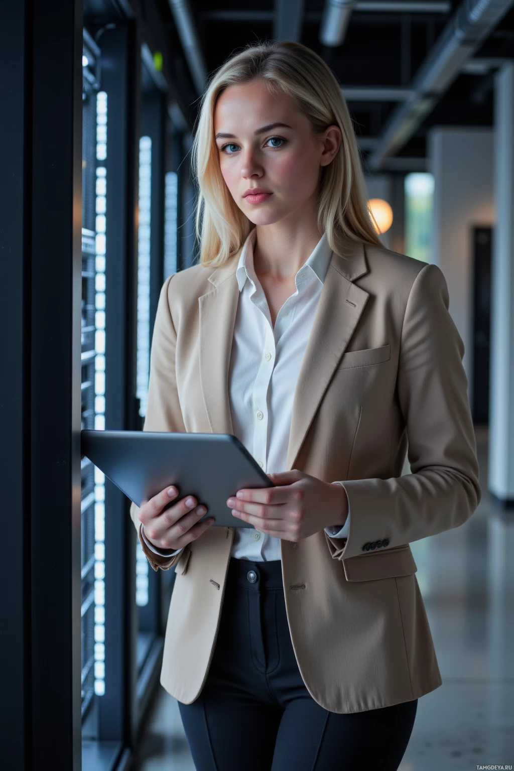 Realistic high quality photo. Female lawyer, 29, shoulder‑length blonde hair, blue eyes, beige blazer, white blouse, dark tailored pants, standing by a server rack at night in a modern office, reviewing a confidentiality addendum on a laptop, stern gaze, soft hum of servers and ambient LED lighting in the background.