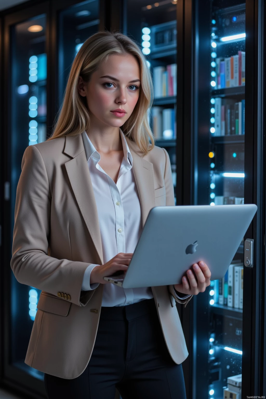 Realistic high quality photo. Female lawyer, 29, shoulder‑length blonde hair, blue eyes, beige blazer, white blouse, dark tailored pants, standing by a server rack at night in a modern office, reviewing a confidentiality addendum on a laptop, stern gaze, soft hum of servers and ambient LED lighting in the background.