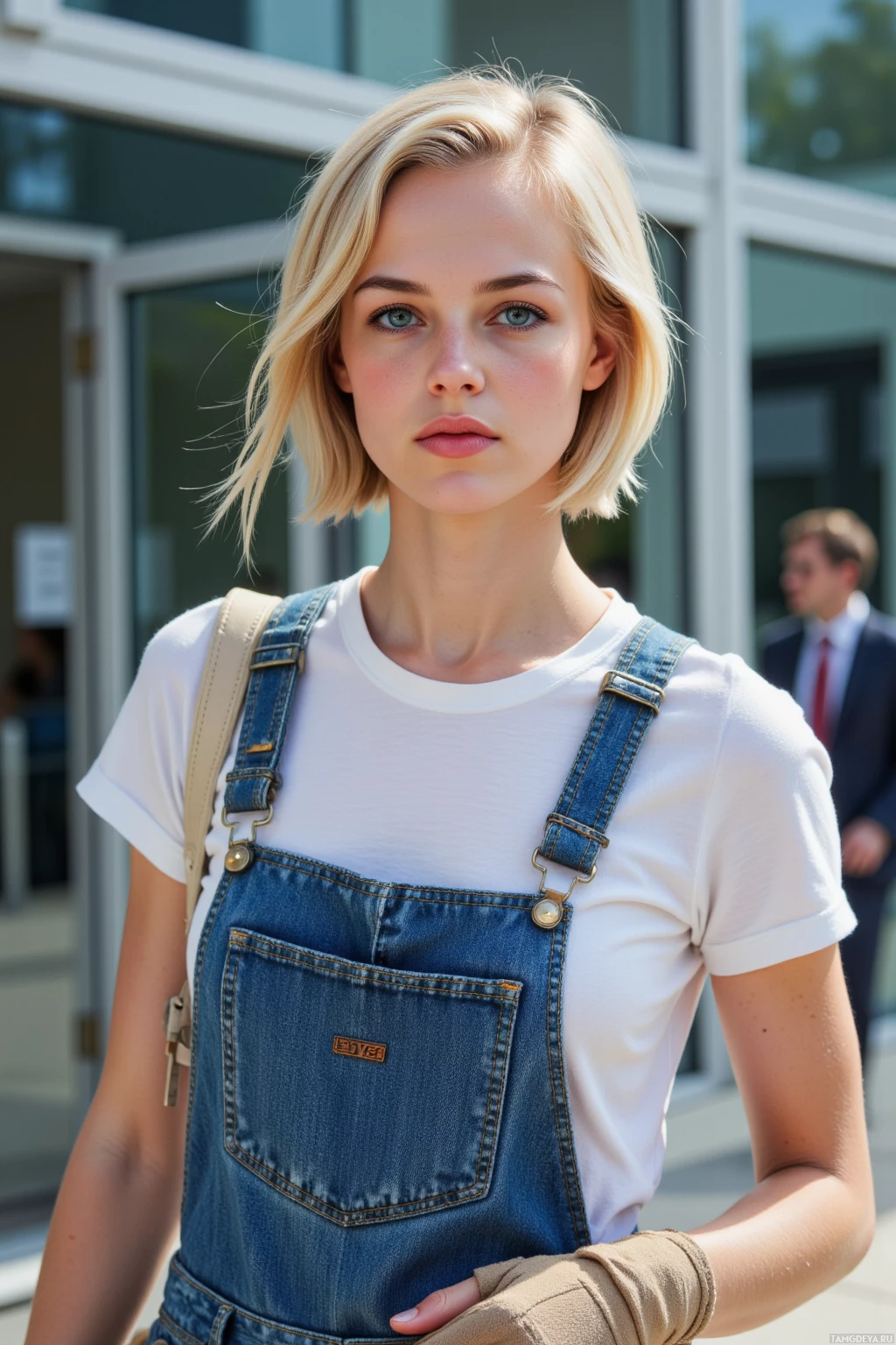 Realistic high quality photo. Woman, 34, short blonde hair, clear blue eyes, fair skin, wearing denim overalls, a simple t-shirt, sturdy gloves, walking briskly outside a modern glass office building in daylight, carrying a small tote bag, with a determined, no-nonsense expression.