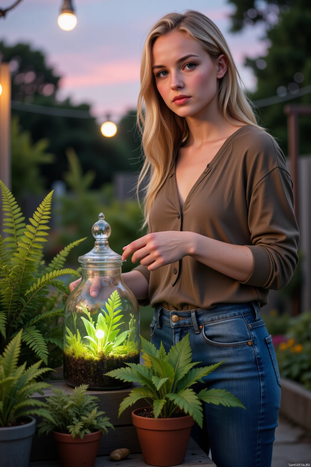Realistic high quality photo. Woman, 26, long golden blonde hair and bright green eyes, soft features, wearing a loose earth-toned top and well-worn jeans, standing in a tidy garden at twilight, watching ferns’ leaves flick, arranging pots with precision, and tending a terrarium whose algae glow softly in the low evening light, serene and purposeful.