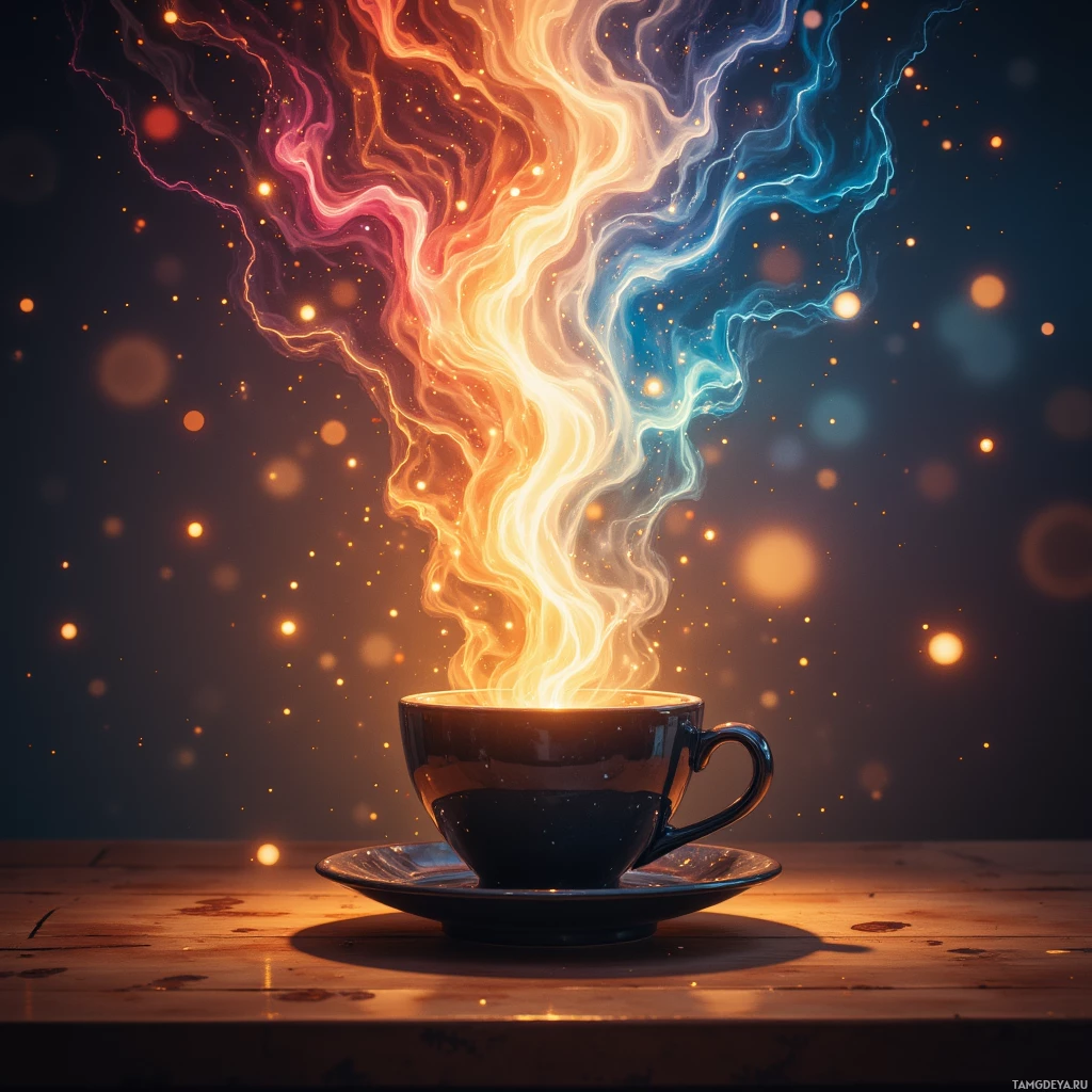 Semi-abstract image with many empty light space at center of beautiful background, that is suitable for the post:  The rhythm of a coffee cup’s steam, mapping invisible constellations in a mundane kitchen.