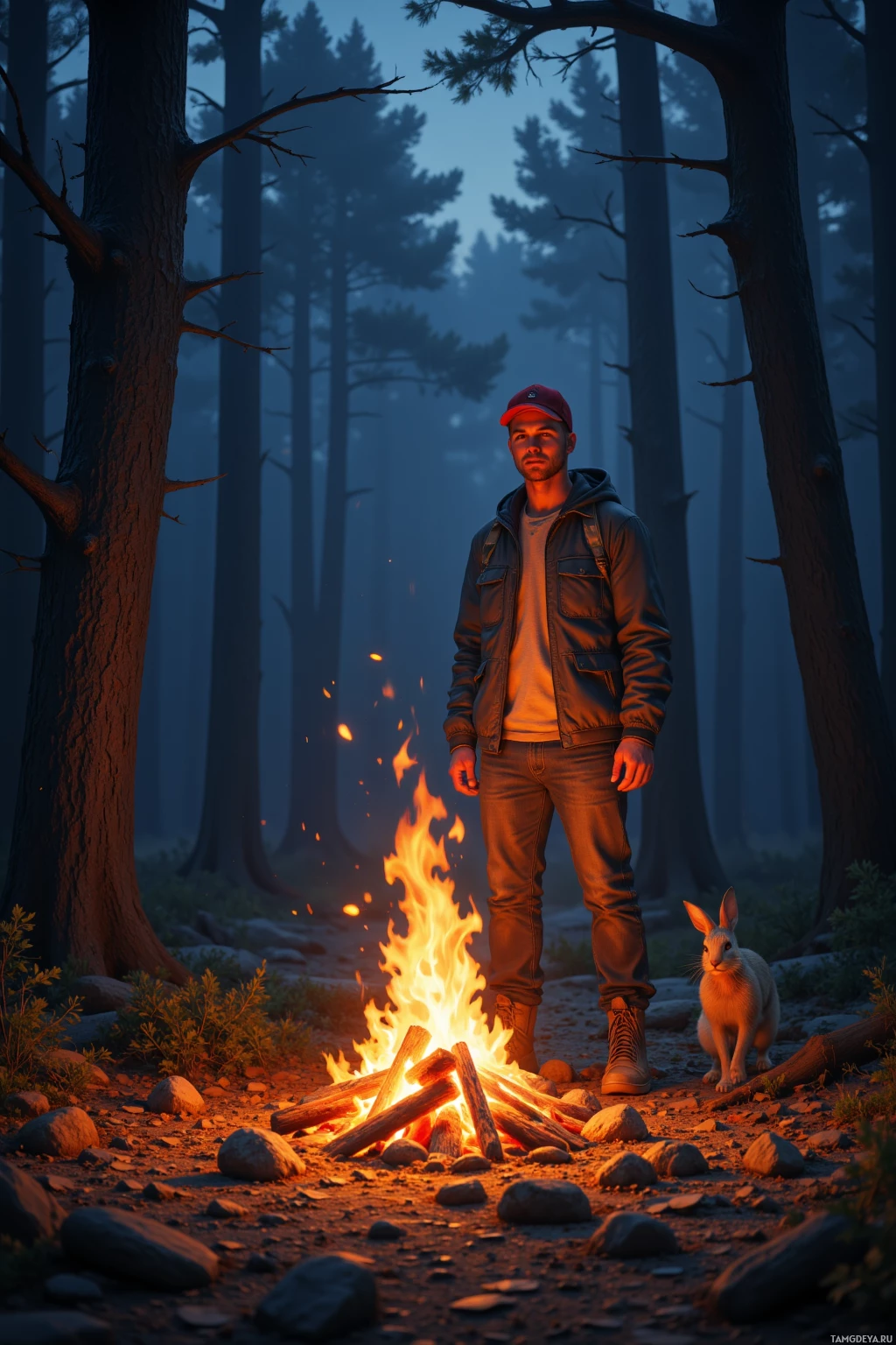 Realistic high quality photo. A man, 28, short light brown hair, bright blue eyes, wearing a red cap and casual comfortable clothes, stands with a confident smile beside a crackling bonfire in a midnight forest clearing, a stray rabbit dashes through scattered leaves while wind rustles the surrounding trees.