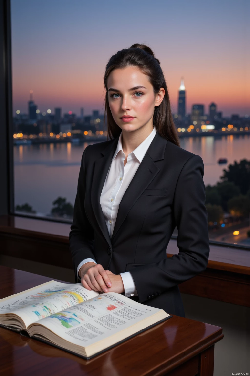 Realistic high quality photo. Confident female lawyer with long black hair in a neat bun, bright blue eyes, wearing a tailored black blazer over a white blouse and black pencil skirt, poised at a mahogany desk by a window overlooking a silver river at twilight, city lights reflected as watercolor splashes on the water, an open legal atlas beside her.