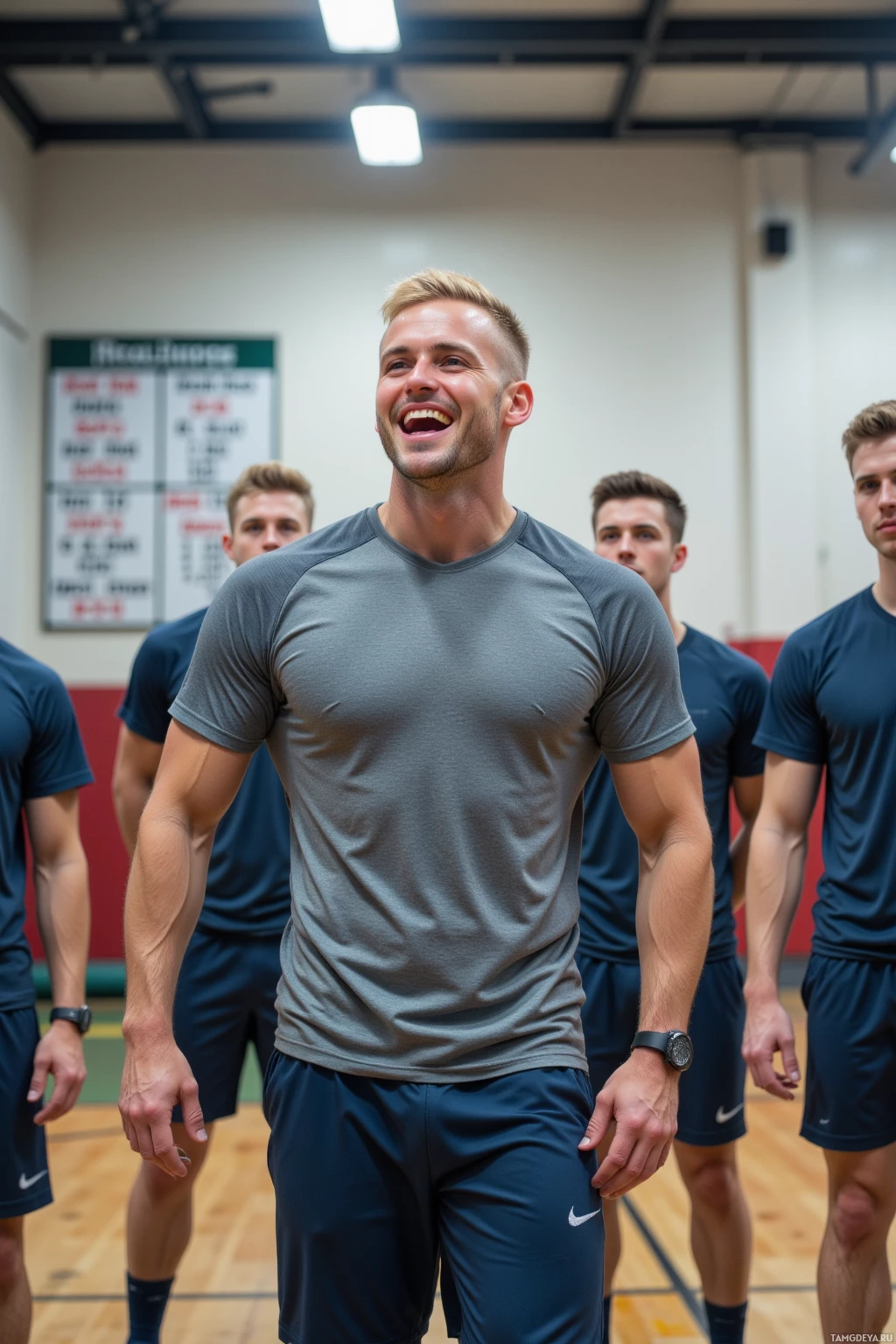 Realistic high quality photo. A 32‑year‑old male trainer with shaved blonde hair, blue eyes, fair skin, wearing a fitted grey athletic t‑shirt and dark blue joggers, mid‑laugh in a bright indoor gym with a whiteboard of obscure baseball rules, surrounded by teammates in baseball uniforms reciting the stats, with a basketball hoop and locker room backdrop.