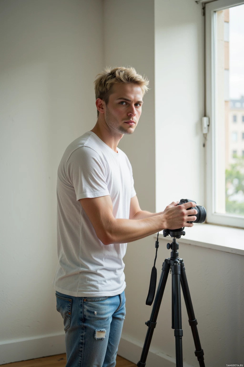 Realistic high quality photo. Male 28 with short blonde hair, pale skin, blue eyes, wearing a white T-shirt and well‑worn jeans, standing in a minimalist studio corner with a window bathing the space in late afternoon light, holding a camera on a tripod set to low aperture, framing a single line of light while the distant hiss of a subway and the sound of paper folding echo in the background.