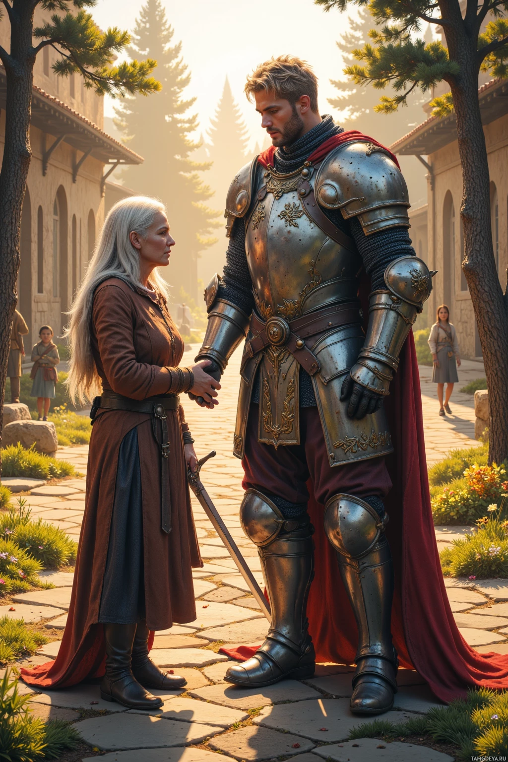 Realistic high quality photo. A tall, broad‑shouldered man with short blonde hair, piercing blue eyes and a chiseled jaw, clad in gleaming polished armor with a noble crest, stands in a sunlit courtyard at dawn beside an elderly woman in simple rustic clothing, offering her a polished shield while pine trees border the courtyard and a few laughing children play in the background, his sword at his side, cloak flowing, leather gloves worn.