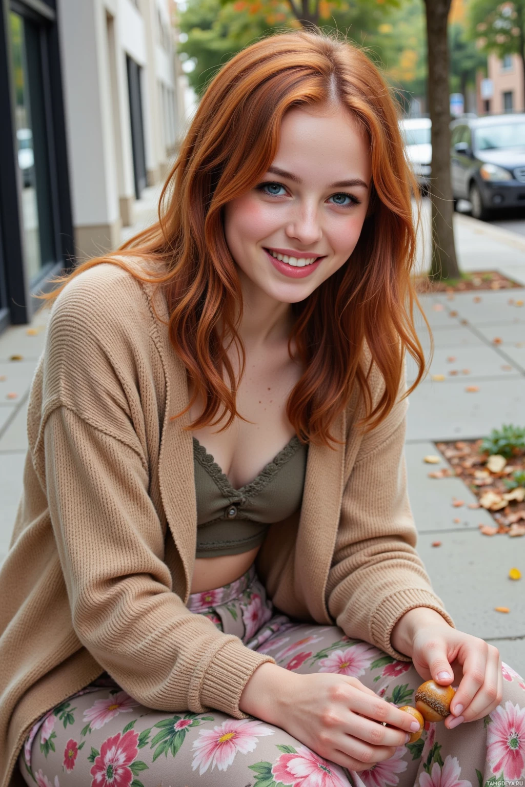 Realistic high quality photo. A 21‑year‑old woman with fiery red wavy hair, fair skin with freckles, bright blue eyes, wearing a flowing floral skirt and cozy earth‑toned cardigan, laughing as she traces patterns on a fallen acorn on a concrete sidewalk, surrounded by rustling leaves and pockets of wild seeds sprouting against the daytime city backdrop.