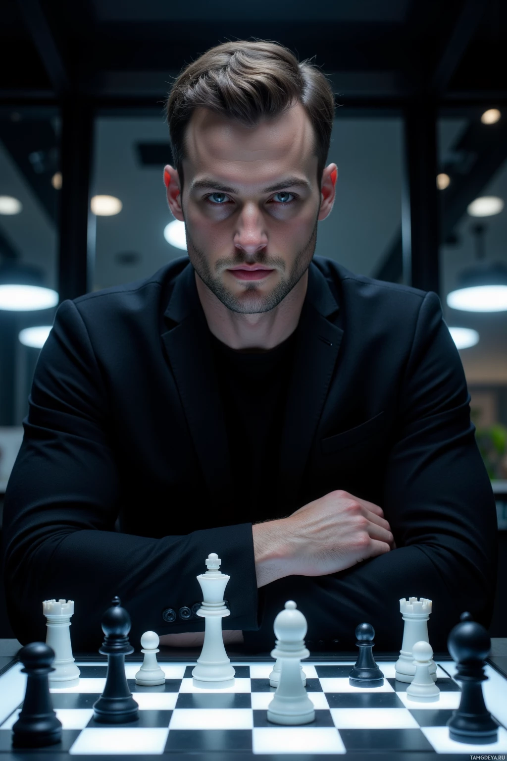 Realistic high quality photo. Tall muscular man, 31, short light brown hair, blue eyes, pale skin, wearing a black clean suit, seated at a modern electric chessboard in a dimly lit room with the board lights off and a faint engine hum, focused expression, night time.