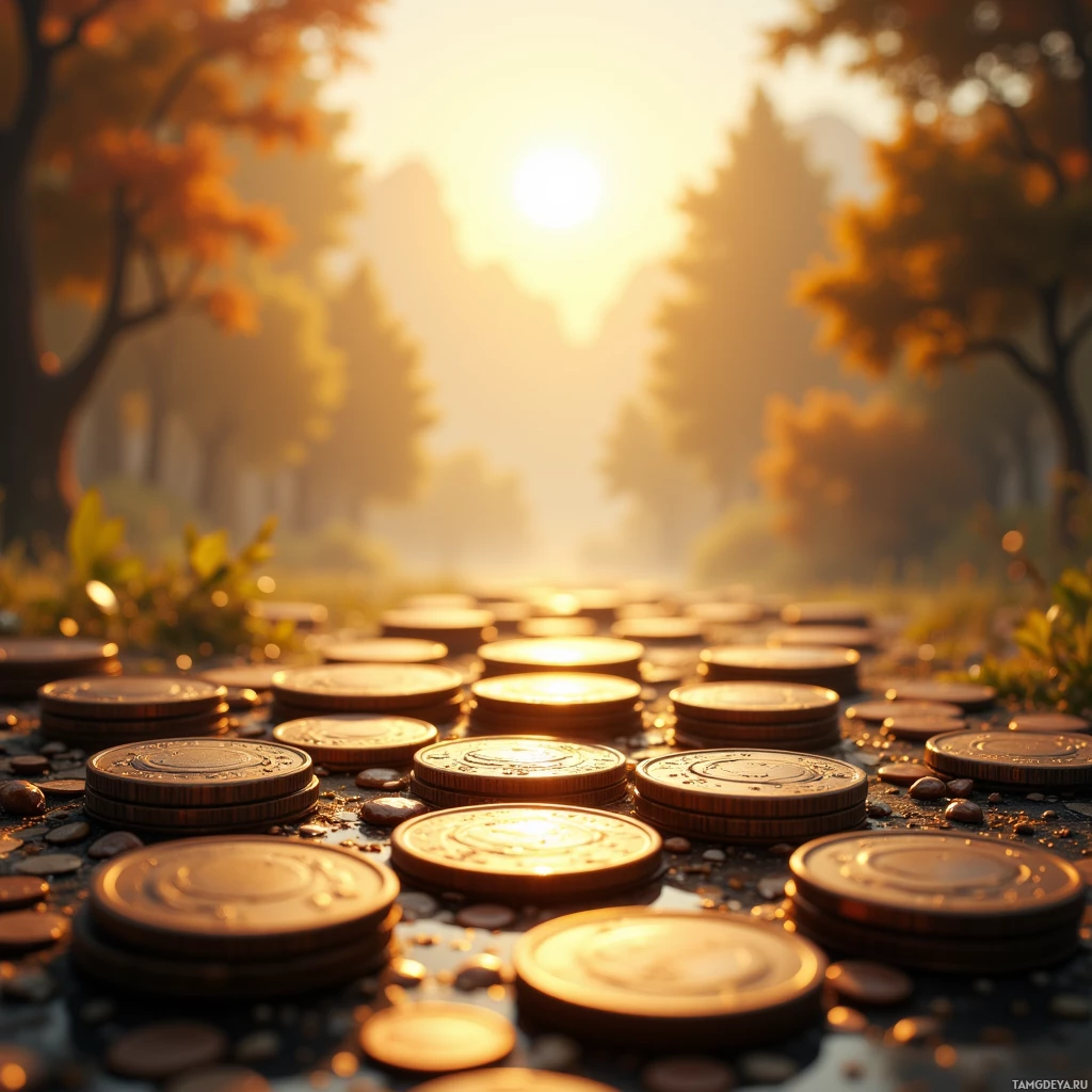 Semi-abstract image with many empty light space at center of beautiful background, that is suitable for the post:  Each coin's faint watermark feels like a quiet echo, demanding perfection yet reminding me of humanity's imperfect artistry.