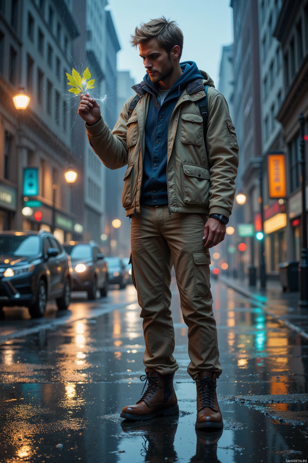 Realistic high quality photo. Tall man with messy light blonde hair, piercing blue eyes, wearing a simple beige jacket, khaki pants, and durable hiking boots, stands on a rain-soaked city street at dusk, tracing a faint iridescent spiderweb on a leaf with his finger while watching light refract through puddles reflecting the city lights.