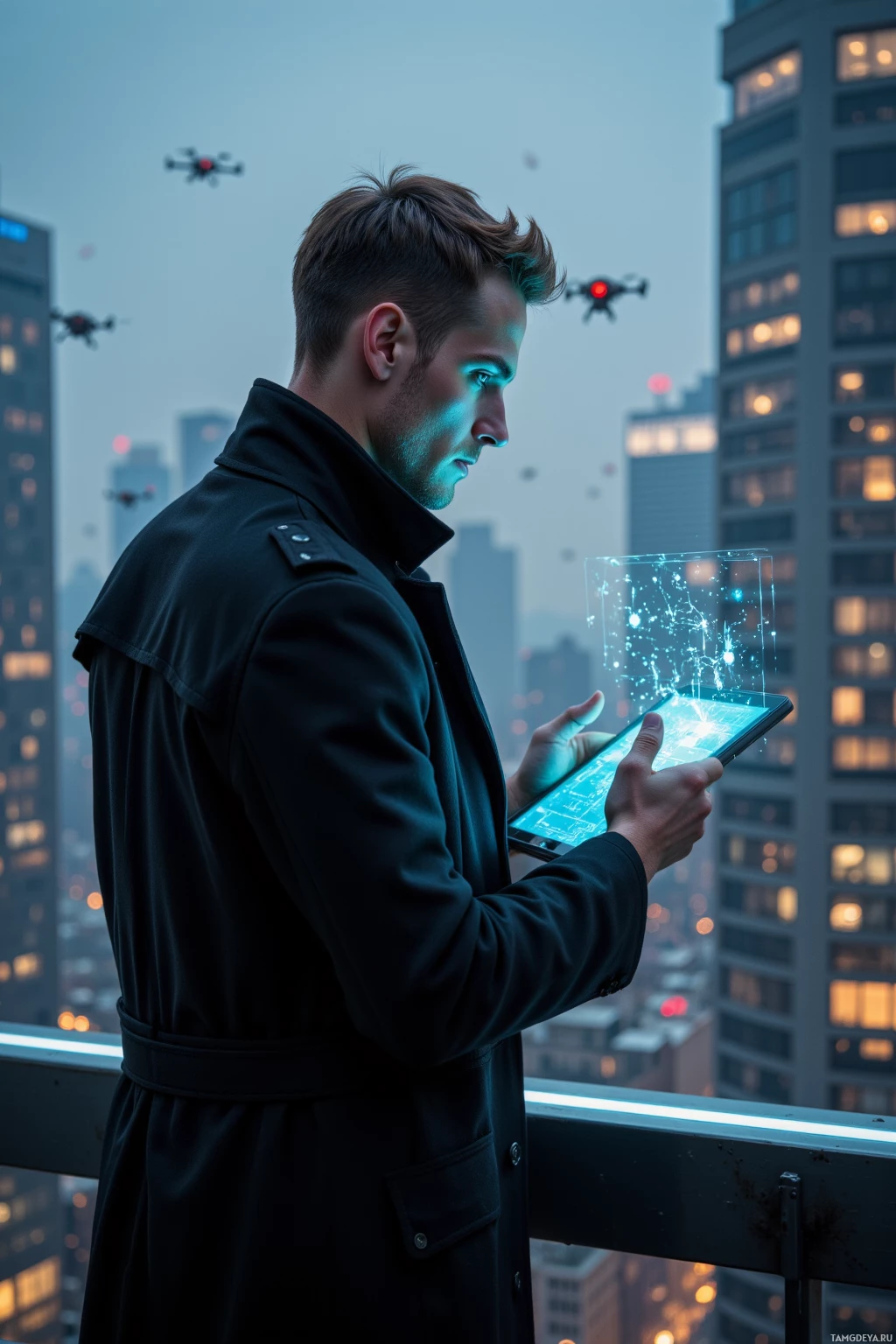 Realistic high quality photo. 30‑year‑old man with short light brown hair, sharp angular features, pale skin, vivid blue eyes including a cybernetic eye, wearing a sleek black trench coat, standing on a high‑rise rooftop overlooking a flickering grid of city lights, surrounded by hovering surveillance drones, intently inputting anomaly data into a holographic tablet, late evening.