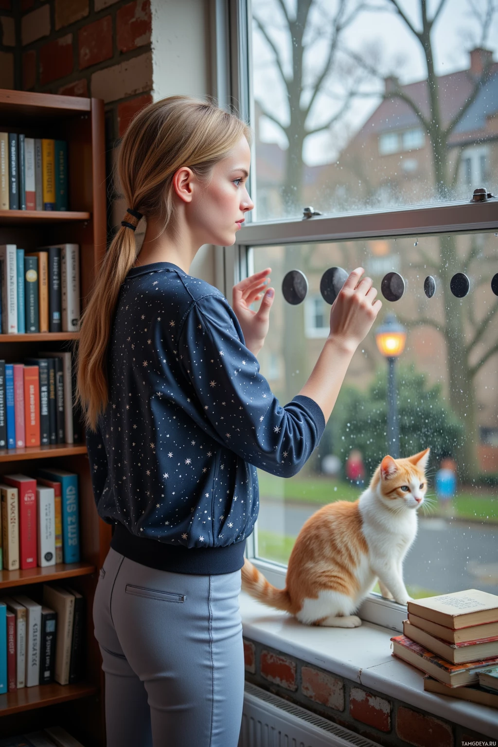 Realistic high quality photo. A 25‑year‑old woman with bright blonde braids, fair skin, bright blue eyes, wearing a star‑patterned jacket and pale blue trousers, standing by a rain‑soaked window in her living room, aligning books on a bookshelf to moon phases while a cat watches a streetlamp outside, with light dust particles swirling in the afternoon light.