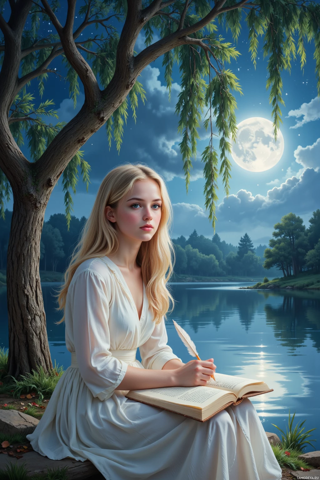 Realistic high quality photo. A young woman with soft blonde hair and dreamy blue eyes, wearing a light, flowy white dress, sits beneath moonlit ancient willows by a silver lake, parchment open before her, quill in hand, writing verses as wind stirs the willow leaves and stars glimmer above in a gentle night haze.
