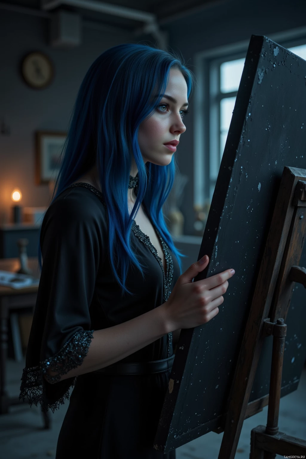 Realistic high quality photo. Female artist, 27, long deep blue hair, piercing green eyes, pale skin, in gothic attire—a flowing black dress with intricate silver detailing and a silver choker—stands alone in a dimly lit studio at night, staring at a canvas whose edges are draped in shadows, evoking mystery and solitude.