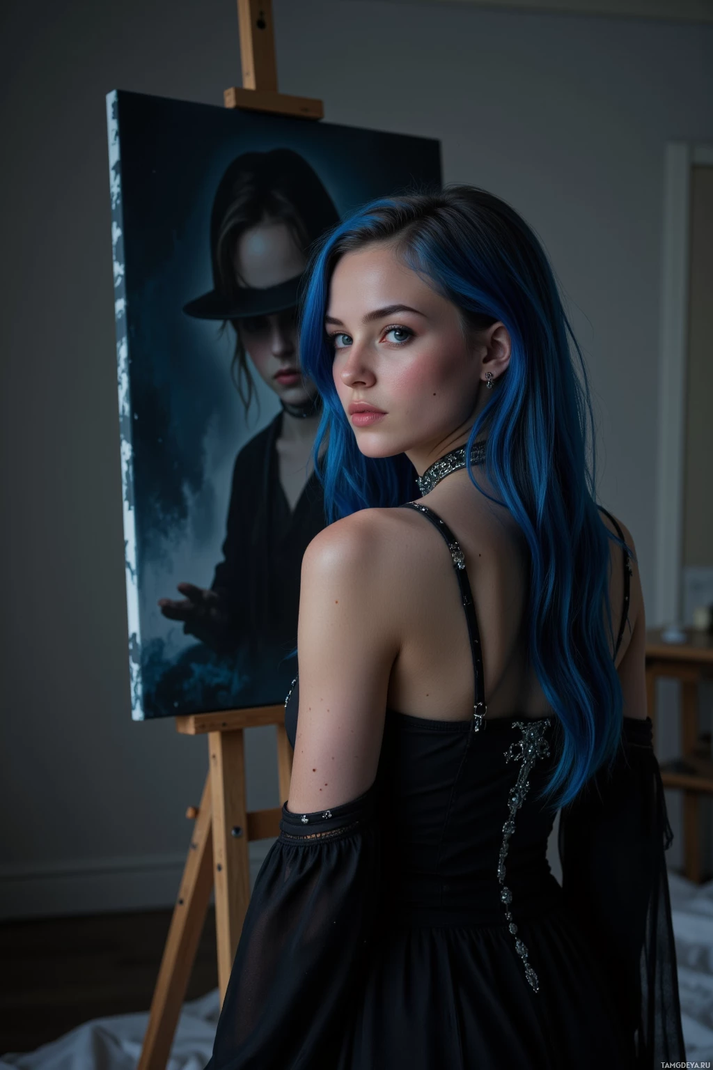Realistic high quality photo. Female artist, 27, long deep blue hair, piercing green eyes, pale skin, in gothic attire—a flowing black dress with intricate silver detailing and a silver choker—stands alone in a dimly lit studio at night, staring at a canvas whose edges are draped in shadows, evoking mystery and solitude.