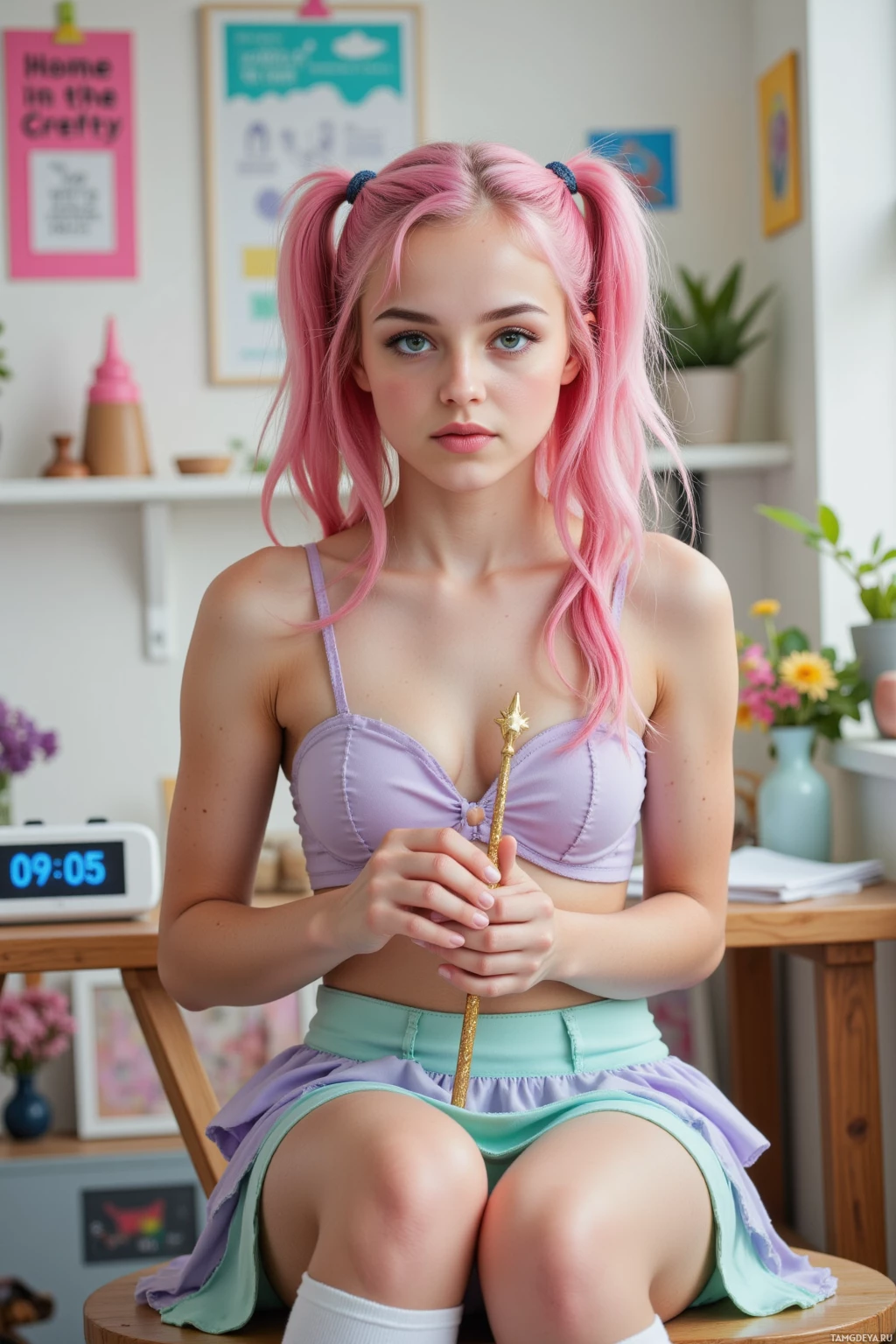 Realistic high quality photo. 21‑year‑old woman with pastel pink twin tails, blue eyes, wearing a layered lavender and mint skirt, ruffled crop top, thigh‑high white socks, sits at a wooden crafting table in a sunlit home studio, sculpting a glittering wand while a digital timer on a laptop shows overdue, chat bubbles cheer her chaotic livestream.