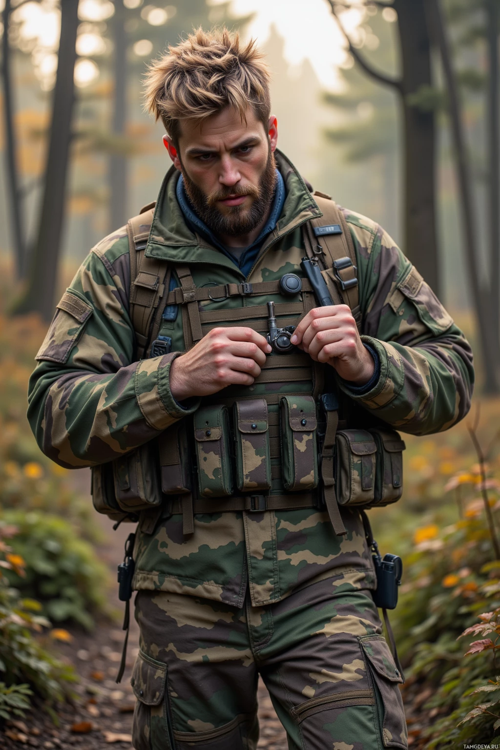 Realistic high quality photo. A 33‑year‑old man with short messy blonde hair, thick beard and blue eyes, wearing a camouflage jacket, tactical pants and combat boots, carefully inspecting a rivet on his backpack on a forest trail under soft morning light.