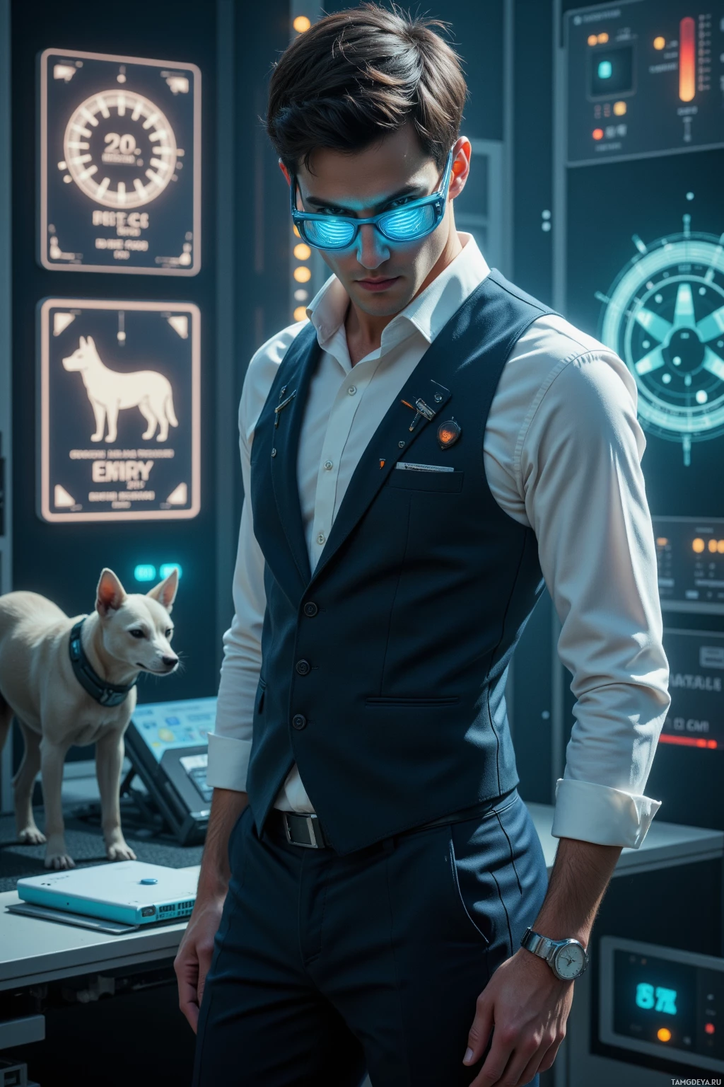 Realistic high quality photo. 27‑year‑old male inventor with short dark brown hair, sharp blue eyes, pale skin, angular face, wearing a sleek futuristic suit with glowing interface panels on his glasses, white dress shirt, black trousers, tech‑laden wristwatch, intensely focused in a high‑tech laboratory with a servo‑driven robotic dog, a temperature gauge below 20 °C, and holographic neural interface projecting poetic text, ambient low light, sci‑fi setting.