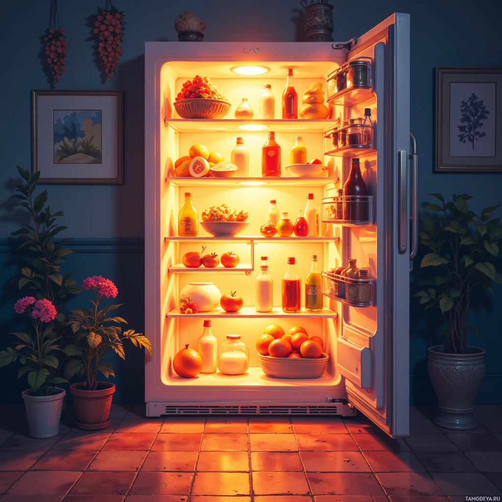 Semi-abstract image with many empty light space at center of beautiful background, that is suitable for the post:  My fridge lights blink like a nostalgic pixelated compass, pointing me toward breakfast burritos before the day’s first boss.