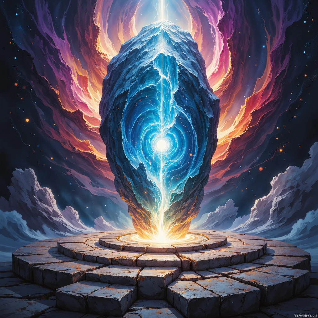 Semi-abstract image with many empty light space at center of beautiful background, that is suitable for the post:  The ancient stone's heartbeat reverberates in my equations, a ritual spark that refuses to burn out.