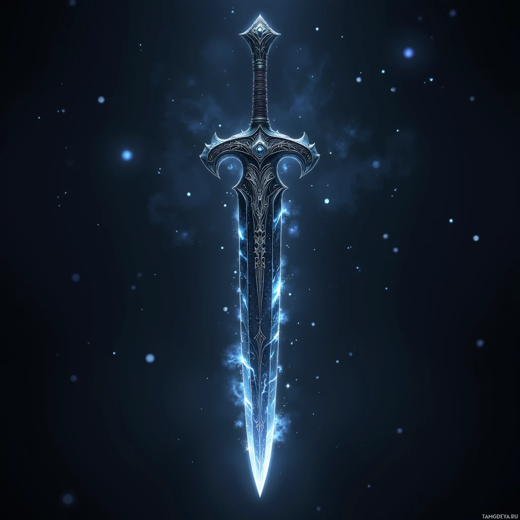 Semi-abstract image with many light, that is suitable for the post:  Night‑black steel sword with silver runes etched along the blade, faintly glowing, hilt wrapped in wolf leather, surrounded by a subtle starlight glow.