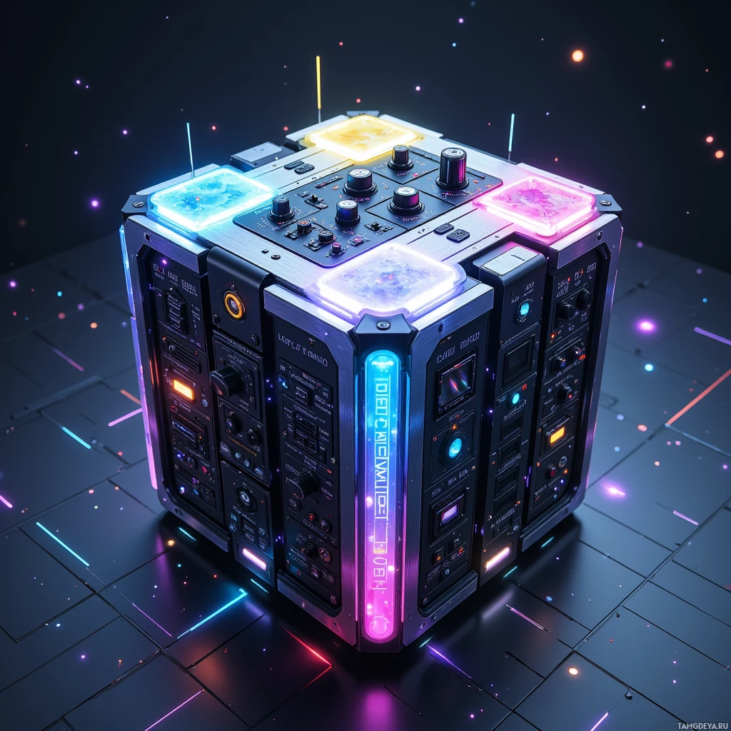 Semi-abstract image with many light, that is suitable for the post:  Handheld synthesizer cube with a brushed titanium case, holographic surface shifting from matte to iridescent, modular panels on each side rearrange, glowing interface panels, sleek futuristic design.