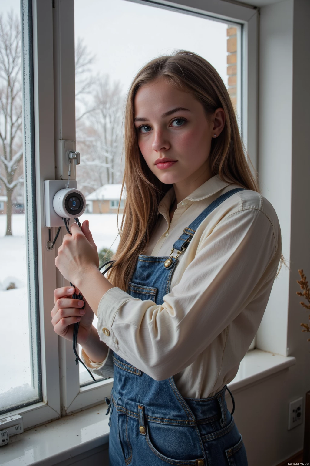 Realistic high quality photo. A 32‑year‑old woman with long light brown hair, clear blue eyes, pale skin, wearing practical mechanic overalls, untangling thick electrical wires on a smart thermostat in a snow‑covered living room, focused and methodical, with frosted windows showing a quiet winter scene in the afternoon light.