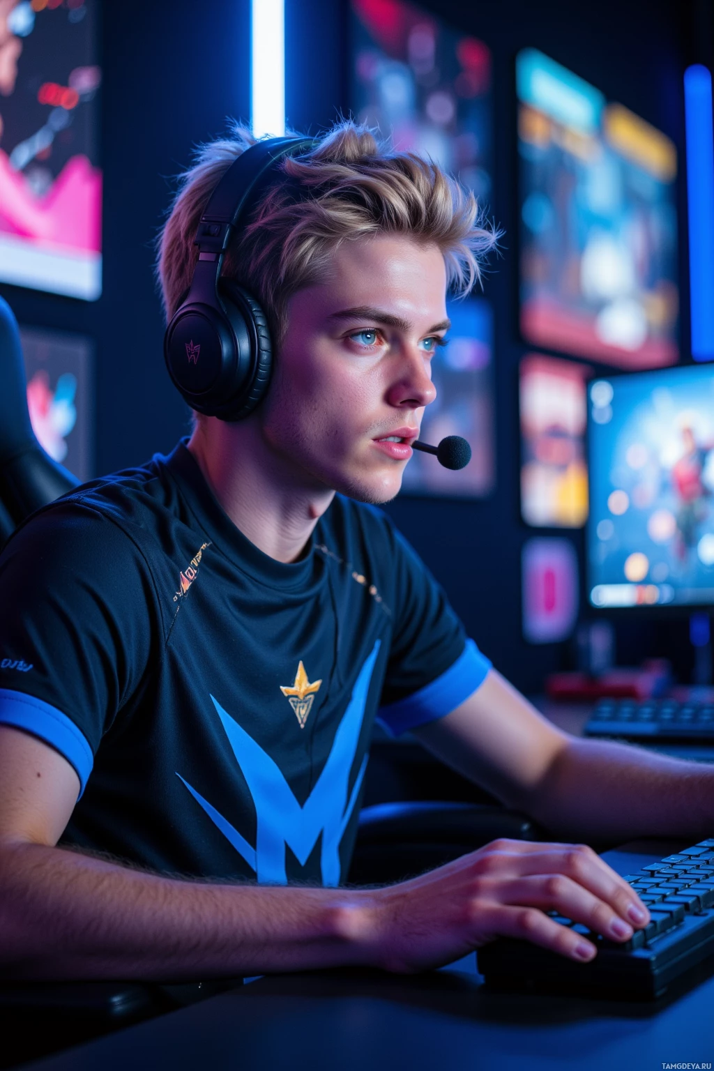 Realistic high quality photo. Male, 22, short blonde hair, bright blue eyes, fair skin, wearing a sleek modern gaming jersey and professional gaming headset, seated at a gaming desk under LED strip lights, intently pressing a keyboard and controller during a final round with a lagging server, expression tense and focused, night time setting.