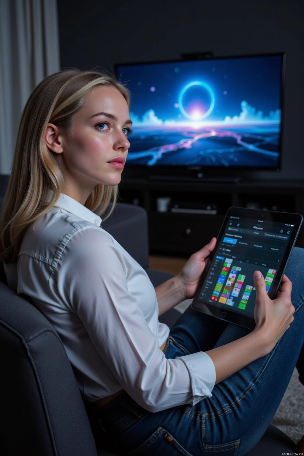 Realistic high quality photo. A 33-year-old woman with shoulder‑length blonde hair and blue eyes, wearing a crisp white button‑down shirt and dark jeans, sits on a modern sofa in a dimly lit living room, intensely studying a glitching loading screen on a large flat‑screen TV with an unresponsive remote in hand, while a tablet shows a pixel distribution chart and a laptop displays an updating glitch log.