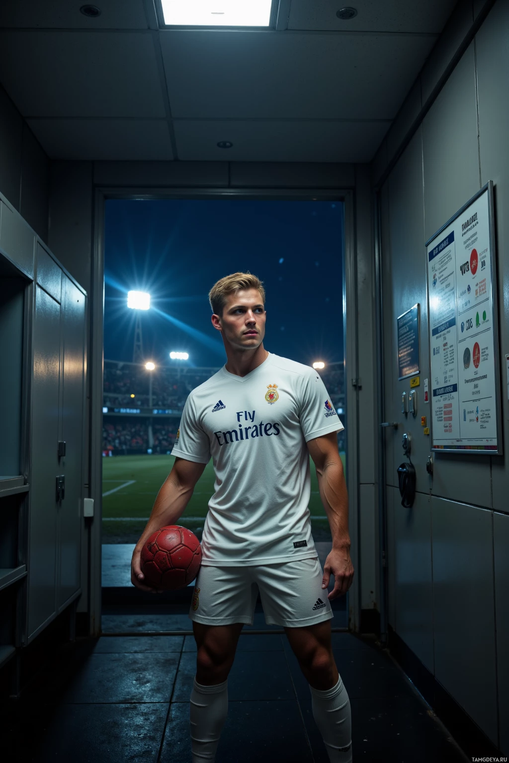 Realistic high quality photo. 24-year-old male with short blonde hair, blue eyes, athletic build, wearing a white football jersey and matching shorts, standing in a dimly lit locker room holding a football and staring at a tactical board, with a goalpost visible and stadium lights glowing through the window at night.