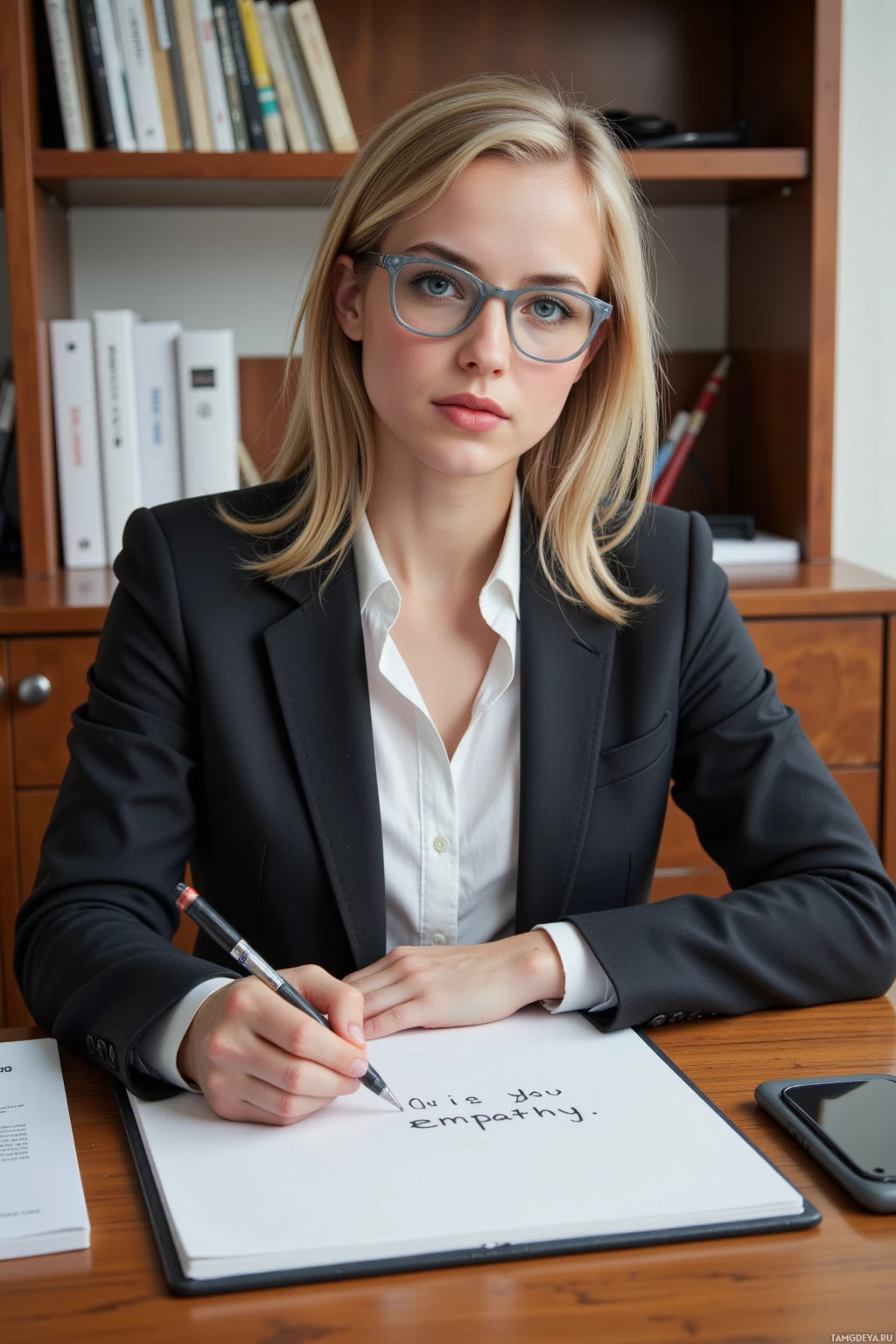 Realistic high quality photo. A 31‑year‑old woman with medium‑length blonde hair, bright blue eyes behind sleek silver‑rimmed glasses, wearing a tailored black pantsuit and crisp white blouse, sits at a polished wooden desk in a modern office, sketching a quiet pause on a blank canvas labeled “empathy” surrounded by closed legal files, exuding professional confidence and a contemplative pause in late afternoon light.