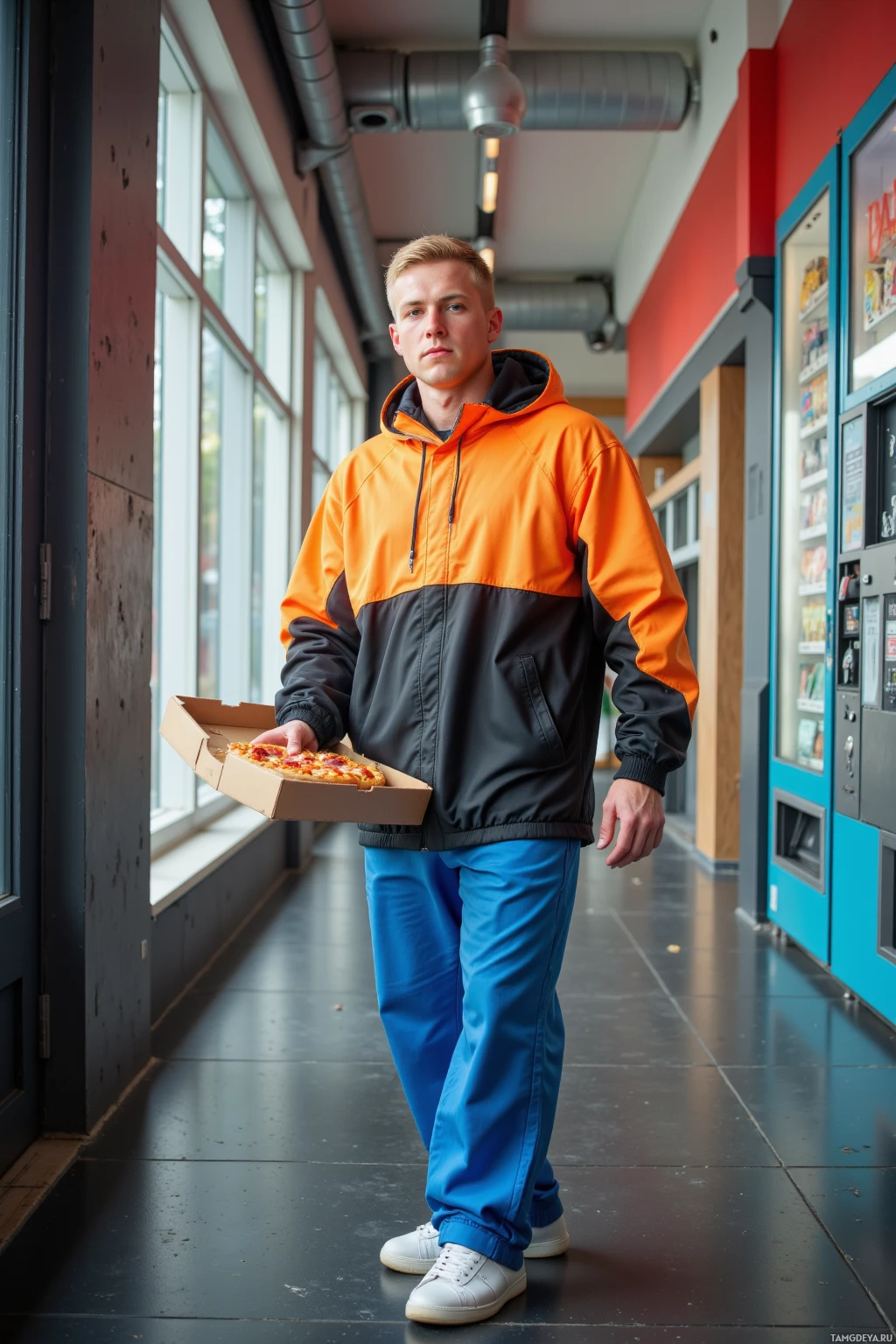 Realistic high quality photo. Man, 24, short blonde hair, blue eyes, wearing a bright windbreaker, loose athletic pants, white sneakers, standing in a modern gym beside a vending machine, holding a pizza box, relaxed posture, afternoon light.