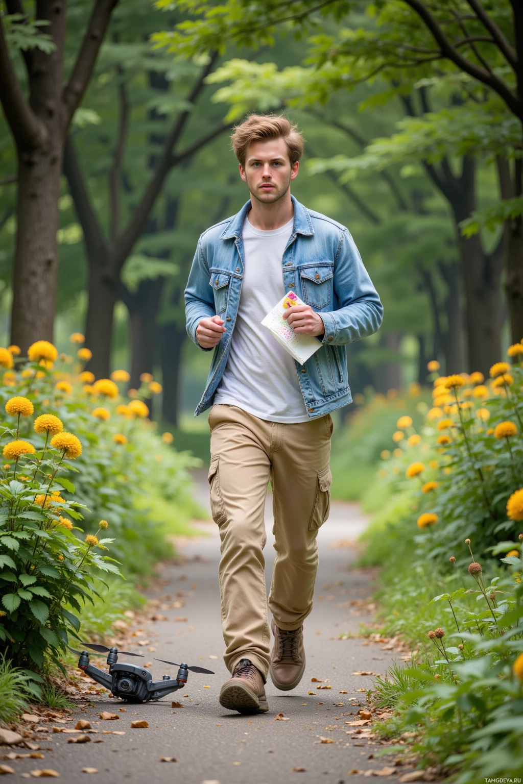Realistic high quality photo. Male, 21, man with tousled light brown hair, bright blue eyes, wearing a white t-shirt under a light denim jacket and beige cargo pants, running through a green park trail at midday while sketching a quick climate graph on a napkin in one hand, munching a protein bar in the other, with a drooping ficus plant in a corner and a collapsed drone metal pile on the path nearby.