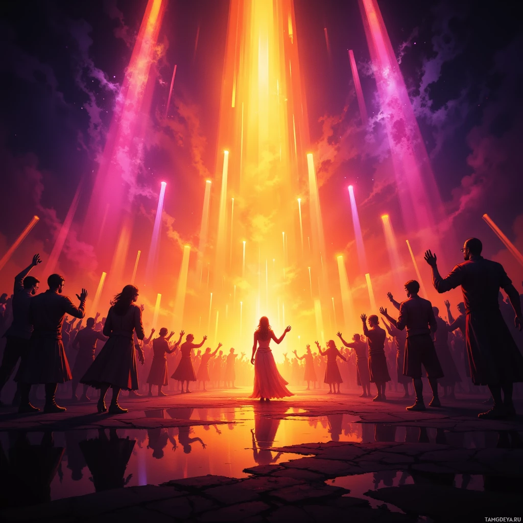 Semi-abstract image with many empty light space at center of beautiful background, that is suitable for the post:  Stage lights feel like sunrise on my skin, turning applause into fire.