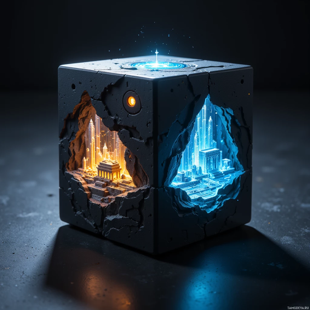 Semi-abstract image with many light, that is suitable for the post:  Compact matte black cube, deck‑of‑cards size, smooth matte finish, emitting translucent interactive holographic layers of ancient Alexandria with touch‑activated 3D reconstructions of the harbor and Great Library.