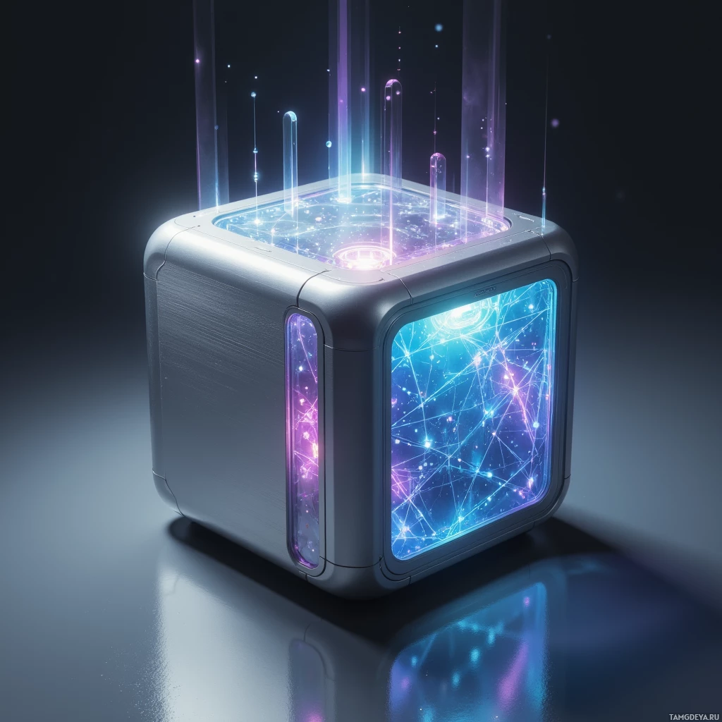Semi-abstract image with many light, that is suitable for the post:  Brushed aluminum cube with a sleek matte finish, integrated micro-LED panels radiating directional holographic light, smooth rounded edges, subtle glow highlights, and a futuristic tech aesthetic.