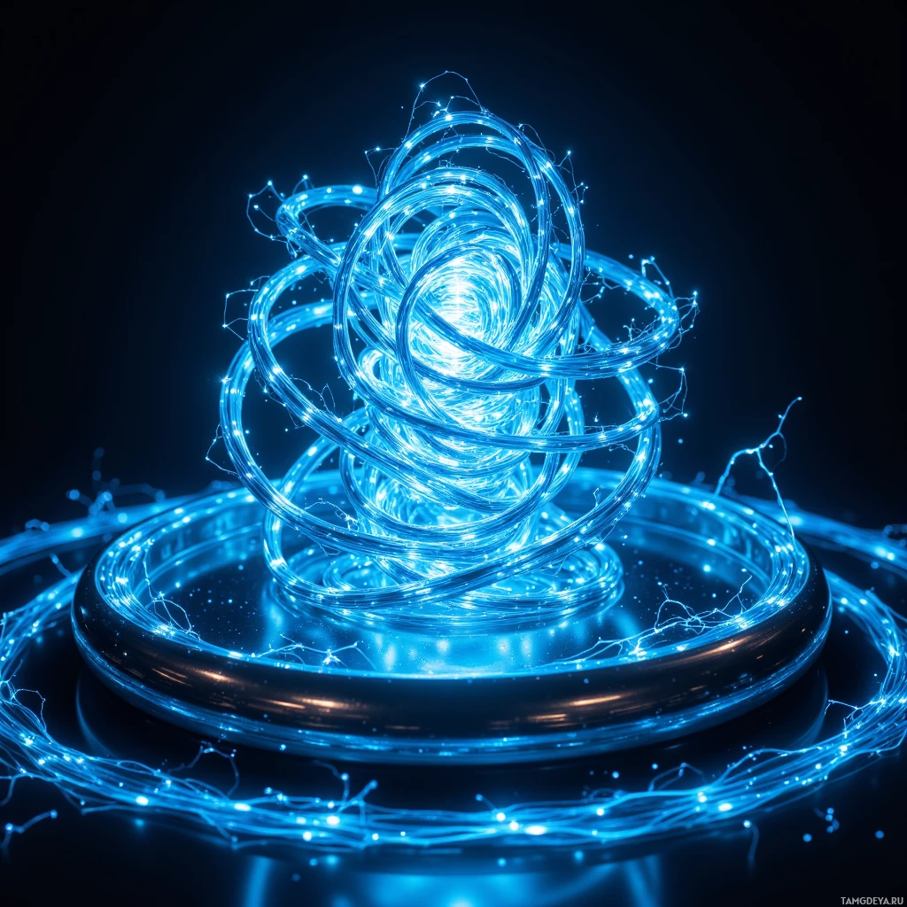 Semi-abstract image with many light, that is suitable for the post:  chrome spiral device shaped like a tangled galaxy of noodles, wrapped around a magnetic core, glowing neon blue pulses, glossy chrome surface, subtle motion blur of swirling noodles, visible magnetic coils and faint magnetic field lines.