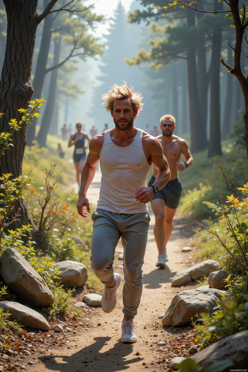 Realistic high quality photo. A lean 30‑year‑old man with windswept blonde hair, piercing blue eyes, wearing a white tank top and light gray sweatpants, sprints along a forest trail, grabbing overgrown rocks and branches, grinning as wind blows his hair, with a few runners trailing behind him under bright morning sunlight.