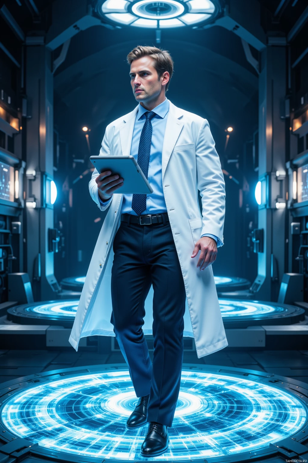 Realistic high quality photo. Male, 31, slick light brown hair, blue eyes, wearing a crisp white lab coat over a pale blue dress shirt and tailored dark trousers, stepping onto a crystalline light grid inside a dimly lit quantum lab, watching photons swirl around a humming reactor while precision gloves grip a data tablet, methodical expression.