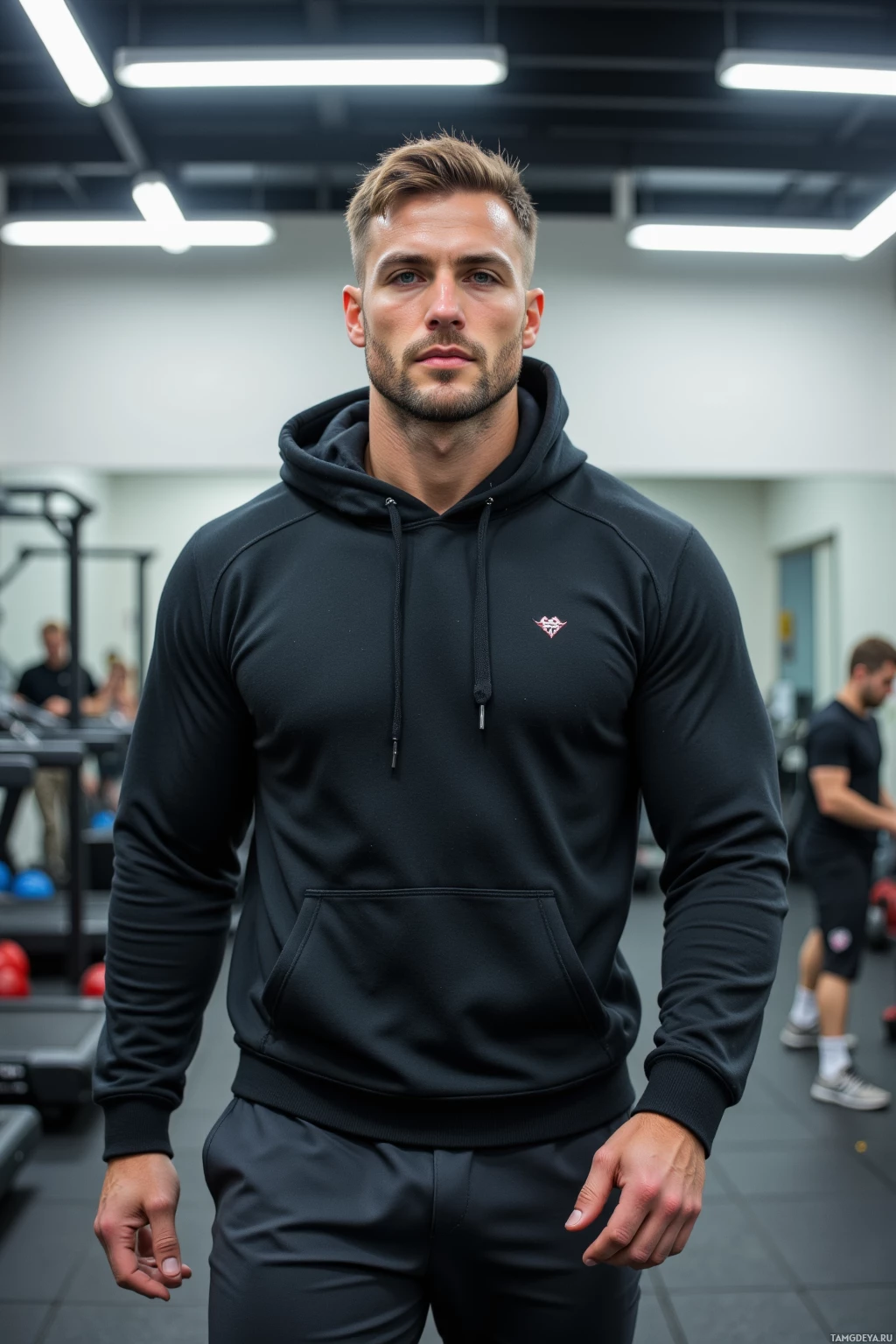 Realistic high quality photo. 29‑year‑old muscular man with short light brown hair, blue eyes, chiseled jawline, wearing a dark hoodie and fitted sweatpants, doing a HIIT circuit in a fluorescent‑lit indoor gym, adding a third set of burpees while a slower trainee beside him struggles on the first lap, sweat beads on his skin, focused expression, surrounded by treadmills, kettlebells and a white wall.