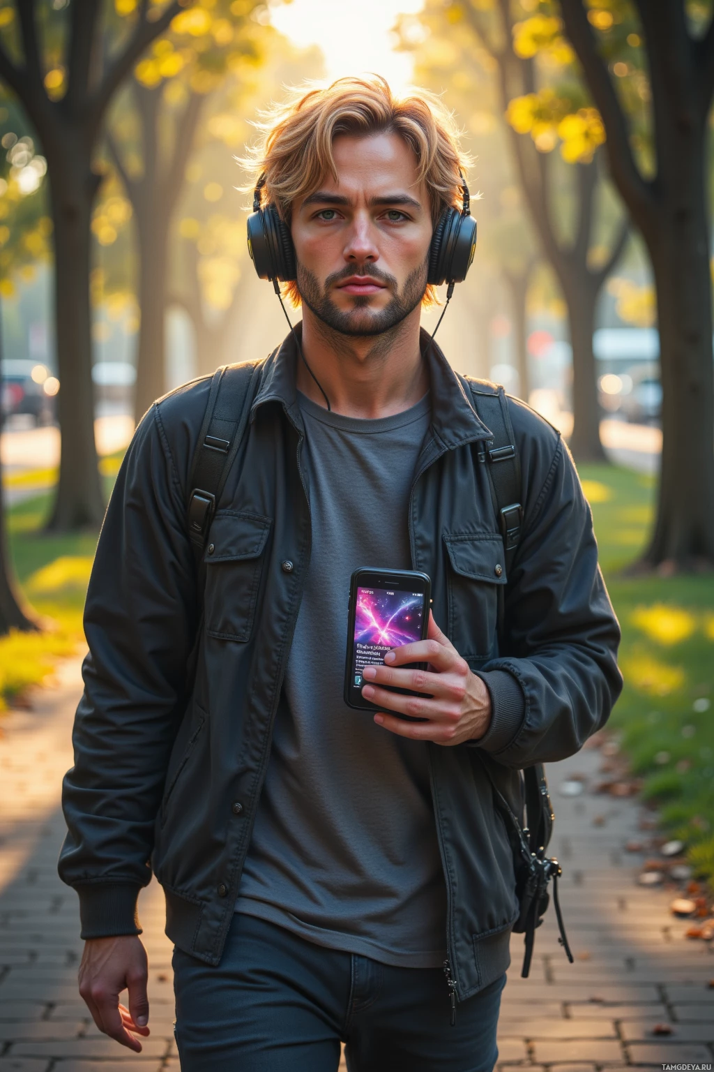 Realistic high quality photo. 24-year-old man with messy blonde hair and green eyes, wearing loose streetwear and large black headphones, briskly walking through a sunlit city park with a laptop bag slung over his shoulder, earbuds in, phone in hand showing a gaming marathon notification, a subtle synthwave glow illuminating the scene and hinting at his love for music and digital adventures.